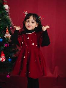 1 pièce Robe de princesse en velours rouge avec manches bouffantes perlées pour jeunes filles, automne/hiver