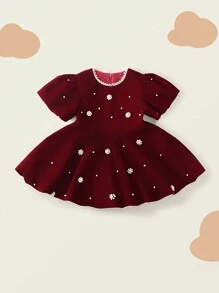 1 pièce Robe de princesse en velours rouge avec manches bouffantes perlées pour jeunes filles, automne/hiver