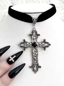 1 Stück Punk Gothic Samt Kropfband Halskette mit schwarzem Edelstein Kreuz für Frauen - Schwarz - Übersicht 2