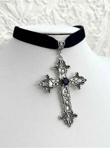 1 Stück Punk Gothic Samt Kropfband Halskette mit schwarzem Edelstein Kreuz für Frauen - Schwarz - Übersicht 3