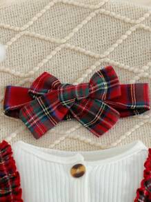 2pcs Baby Girls' Christmas Red Plaid Ruffle Jumpsuit And Plaid Headband Set - Red and White - View 4