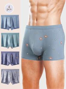 4 件装 男士时尚印花无缝透气平角内裤 - 彩色 - 查看 1