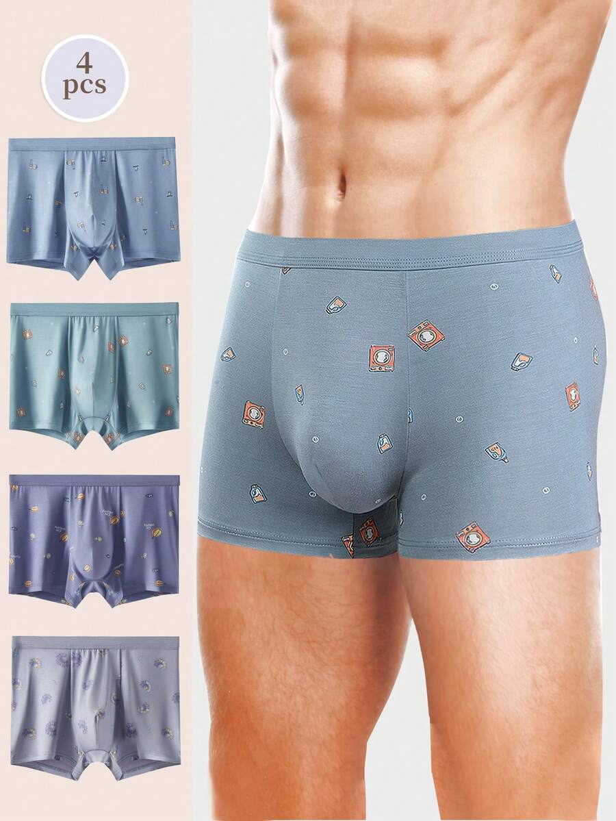 4 件装 男士时尚印花无缝透气平角内裤 - 彩色 - 查看 1