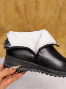 Black Thermal Lined Short Boots, Anti-Slip Mom Shoes With Flat Heel, Mid-Calf, Warm For Autumn/Winter,Match With Tops - Black - View 6