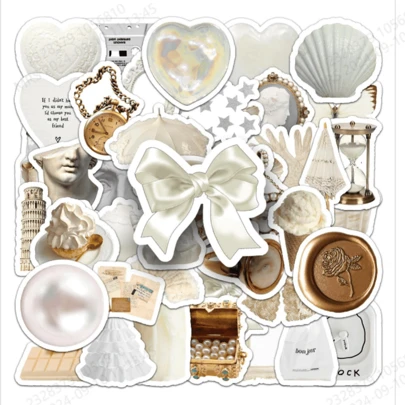 50张/包 白色可爱涂鸦图案贴纸。精致、优雅、时尚、可爱，适合装饰行李箱、水瓶、滑板、头盔、制作剪贴簿、手机壳和笔记本电脑。