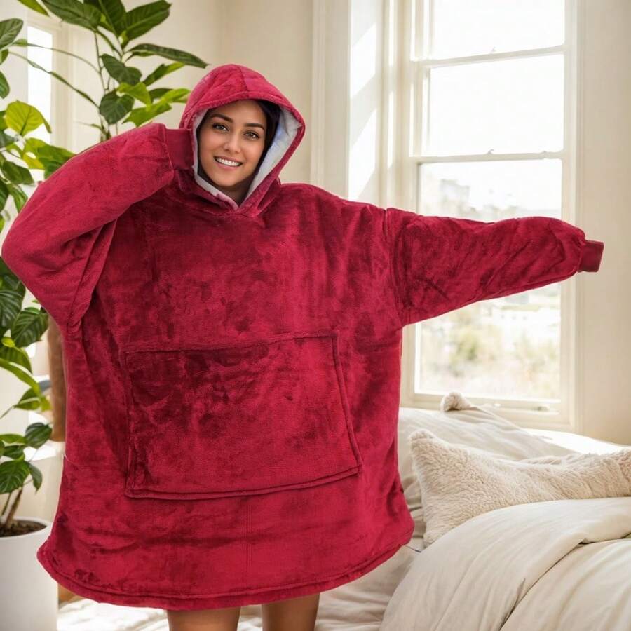 1pc Wearable Fleece Blanket With Sleeves, Hooded Sweatshirt Design, Giant Hoodie With Extra Large Pockets, Adult Size - 3 Entrance Pockets On Left, Right And Top - Burgundy - View 1