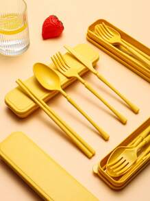 5 Stück/Set Tragbares Kunststoff Besteck-Set mit Messer, Gabel, Löffel, Essstäbchen und 1 Aufbewahrungsbehälter - geeignet für Outdoor-Camping, Picknick, Arbeit und Schule, Schulmaterial