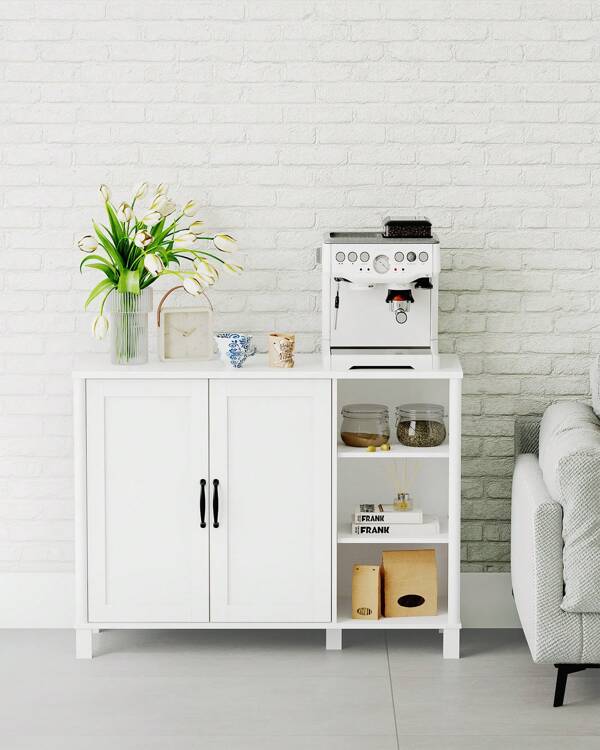 Badkamerkast, onderkast met deuren en verstelbare planken, koffiebarkast, keukenkast met open vakken voor woonkamer, entree, modern