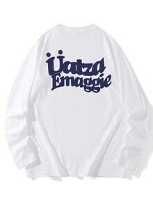Kaos Oversized dengan Desain Huruf dan Bahu Jatuh - Putih - View 2