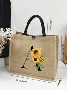 2pcs Linen Tote Bag Set, Including 1 Bag Printed With Letters A-Z And 1 Floral Printed Pouch, Sunflower Floral Print, Letter, Flower Pattern, Personalized Gift Packaging, Yellow Linen Black Tote Bag With Black Snap Closure, Bag Set - Khaki - View 10