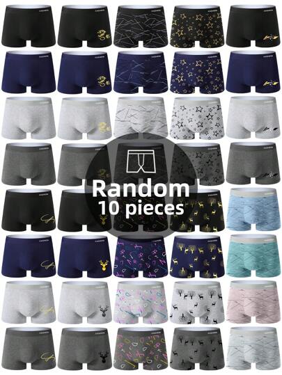 10 unidades/pacote cuecas boxer masculinas soltas, macias e respiráveis estilo aleatório, roupas íntimas esportivas da moda