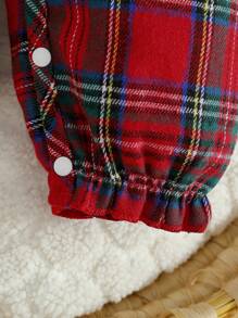 2pcs Baby Girls' Christmas Red Plaid Ruffle Jumpsuit And Plaid Headband Set - Red and White - View 5