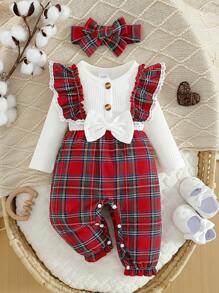 2pcs Baby Girls' Christmas Red Plaid Ruffle Jumpsuit And Plaid Headband Set - Red and White - View 2