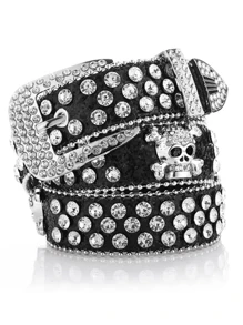 Cinto de Couro de Moda de Rua Brilhante Feminino com Decoração de Caveira e Strass, Verão, Escola, Outono, Halloween