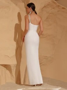 Modphy Black Sexy Off Shoulder Backless Luxury Rhinestone Bodycon Long Bandage Dress, Women's Formal Party Gown - White - View 7