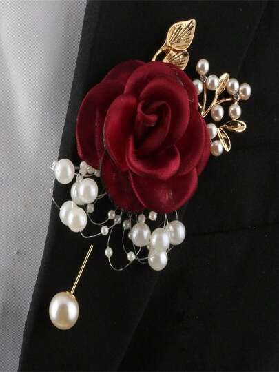 1 件男女通用香槟色硬薄纱玫瑰花胸针，多色可选，适合新郎、新娘、伴娘、伴郎、婚礼、派对、日常花卉配饰情人节装饰