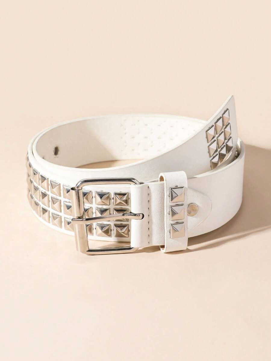 1pc Women's Square Bead Punk Style Buckle Belt, Suitable For Jeans Daily Wear Halloween Summer, School Fall, Autumn, Halloween - White - View 1