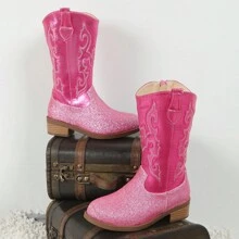 Um Par de Botas para Meninas - Botas de Cowboy Ocidentais Bordadas de Cano Alto/Média Altura, Bico Fino, Zípers Laterais, Saltos