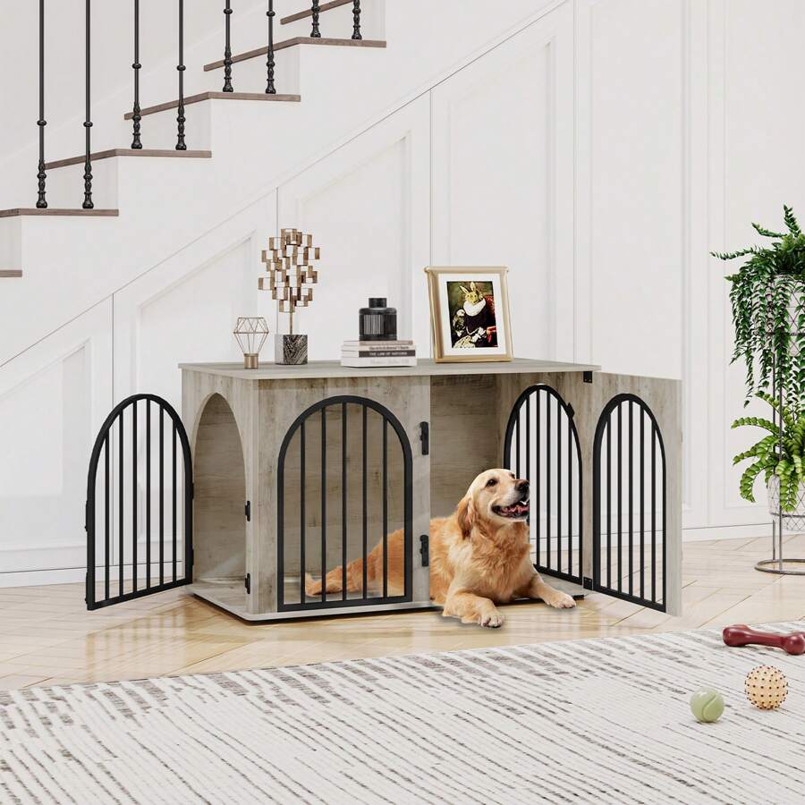 Hzuaneri Mobili per gabbia per cani, cuccia per cani da 100 cm per la casa, 3 porte, porta ad arco, cuccia moderna per cani da interno, tavolino laterale, gabbia per cani resistente, per cani di piccola/media/grande taglia, 60 x 100 x 63 cm