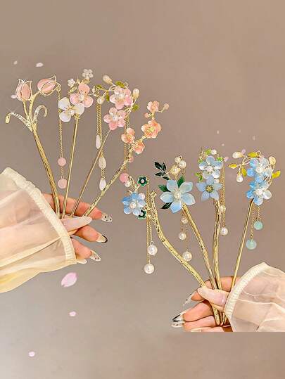 8个/4个/1个复古花朵流苏发夹，发饰，优雅汉服发簪，女士发髻发夹，发髻造型器，发饰，发型针，度假装扮，女士发饰，头部饰品