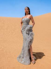 Faeriesty Vestidos de fiesta y vestidos de noche con estampado floral sin tirantes y elegante glamour - Gris - Ver 2