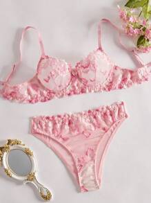2 pièces Set de lingerie sexy pour femmes, soutien-gorge et culotte assortis à broderie florale, soutien-gorge fin à la mode, convient pour Noël, la Saint-Valentin, la lune de miel, le printemps/été, soutien-gorge kawaii ultra-fin