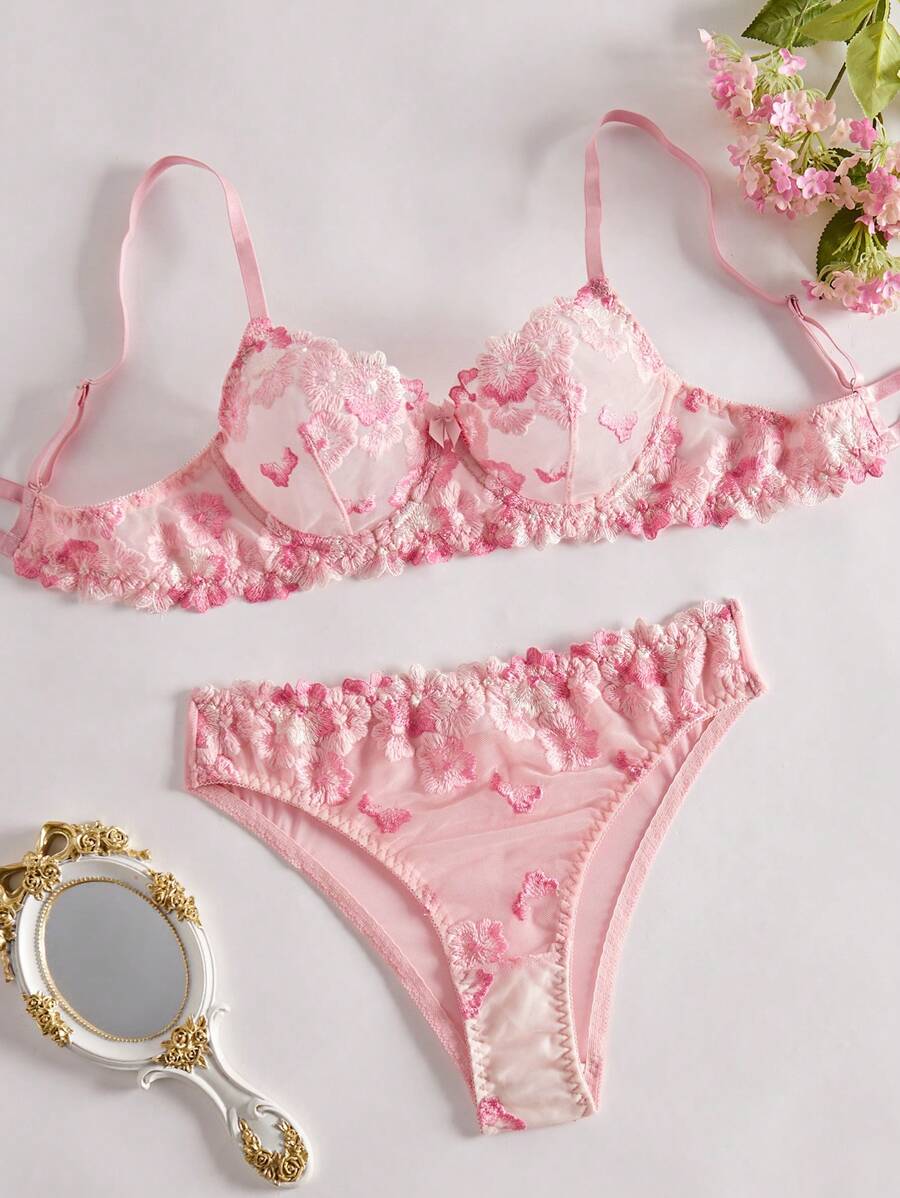 2 Pieces Set Women Sexy Lingerie, Floral Embroidery Bra And Panty Set, Fashion Thin Bra Underwear, Suitable For Christmas, Valentine's Day, Honeymoon, Spring/Summer, Kawaii Ultra-Thin Bra