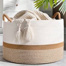 Large Blanket Basket (13.In * 13.8in), Baby Laundry Basket, Cotton Rope Blanket Basket For Living Room, Laundry Room, Day Care Center, Pillows, And Baby Toy Box (White/Brown) - 彩色 - 查看 8