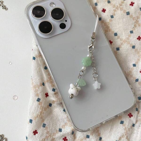 New Korean Style Celebrity Same Cute Minimalist Rabbit Ceramic Keychain, 4-Leaf Clover Animal Decorative Beaded Phone Lanyard Gifts For Mother, Family, Friends, Birthday, Holiday Phone Charm, Phone Chain