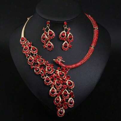 1set Luxury Peacock Shaped Crystal Inlay Earrings, Necklace & Jewelry Set, Suitable For Brides, Wedding, Banquet, Party
