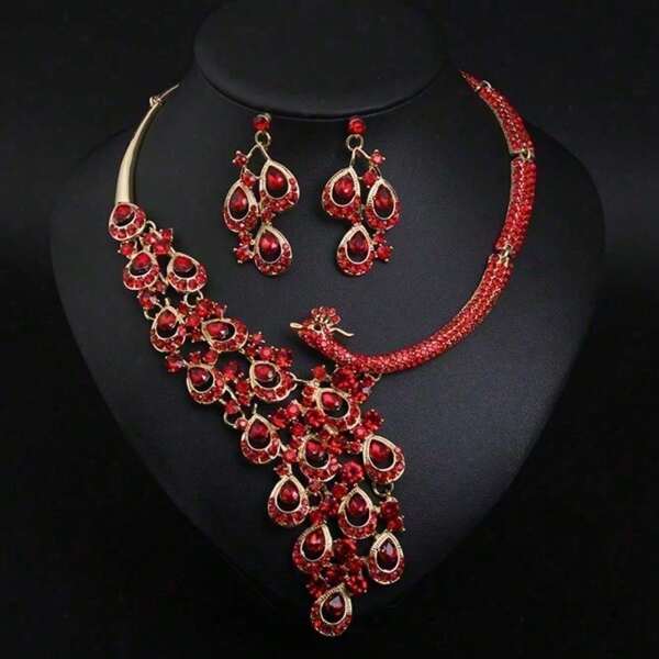 1 set Boucles d'oreilles, collier et ensemble de bijoux en cristal avec incrustation en forme de paon de luxe, convient pour les mariées, les mariages, les banquets et les fêtes