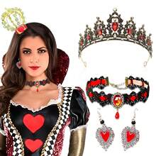 3 Pcs/Set Queen Cosplay Costume Accessories Includes Gold Crown Headband Heart Rhinestone Scepter Red Heart Drop Earrings For Women Cosplay Party Costume
