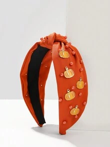 1 băng đô vải Lễ Tạ ơn với bí ngô và lá phong, băng đô tiệc theo mùa bằng sợi polyester - trái cam - Xem 2