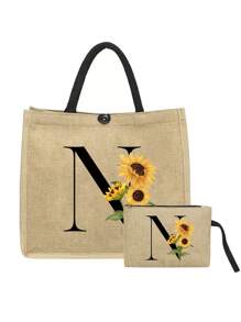 2pcs Linen Tote Bag Set, Including 1 Bag Printed With Letters A-Z And 1 Floral Printed Pouch, Sunflower Floral Print, Letter, Flower Pattern, Personalized Gift Packaging, Yellow Linen Black Tote Bag With Black Snap Closure, Bag Set - Khaki - View 13
