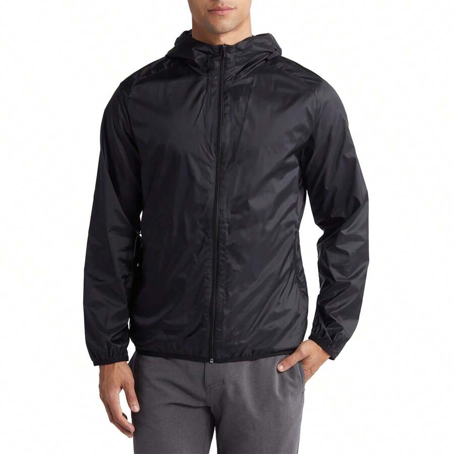Men's Waterproof Windbreaker Jacket Lightweight And Comfortable With Plain Casual Design - 黑色 - 查看 1