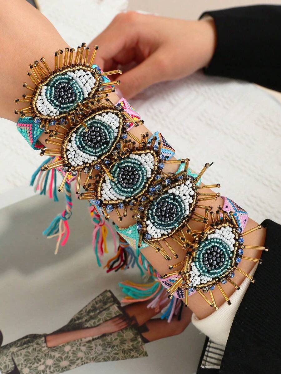 1 件时尚波西米亚嘻哈风格串珠水钻眼刺绣几何图案彩色流苏手链，可调节尺寸情侣/闺蜜款，适合日常、聚会、节日和派对穿着 - 手繩 - 查看 1