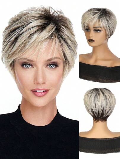 合成假发 - 8 英寸短发假发，带刘海，棕色至金色渐变色，高温纤维，适合日常佩戴，适合女性