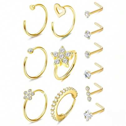 12PCS 20G StainlessSteel Nose Rings Hoop For Women Men Paved CZ Flower Nose Piercing Jewelry L ShapedNose Ring Stud Set
