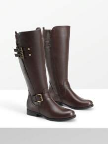Women's Motorcycle Riding Boots Low Chunky Heel Flat Knee High Boots Comfortable Buckle Side Zipper Pirate Boots For Women - 棕色 - 查看 5