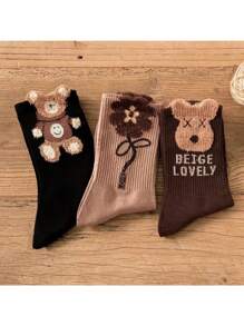 3 双/1 双羽毛薄纱熊设计女士中筒袜，可爱蓬松时尚百搭长袜，秋冬 - 彩色 - 查看 5