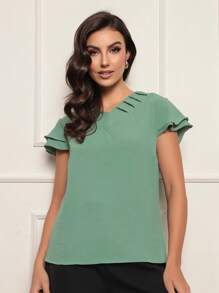 Women's Suede Blouse With 2 Ruffled Sleeves Summer Various Colors - Màu xanh Bạc hà - Xem 1