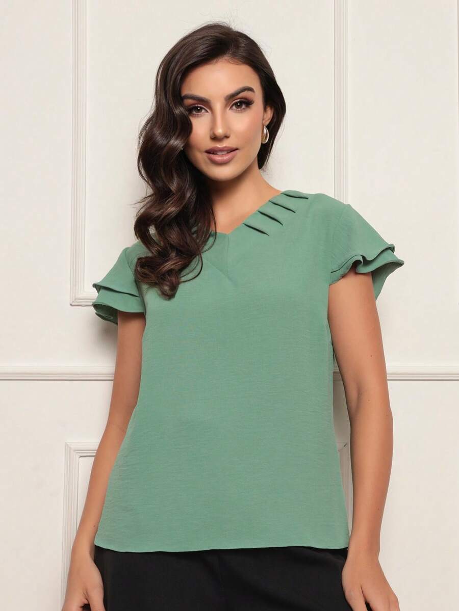 Women's Suede Blouse With 2 Ruffled Sleeves Summer Various Colors - Màu xanh Bạc hà - Xem 1