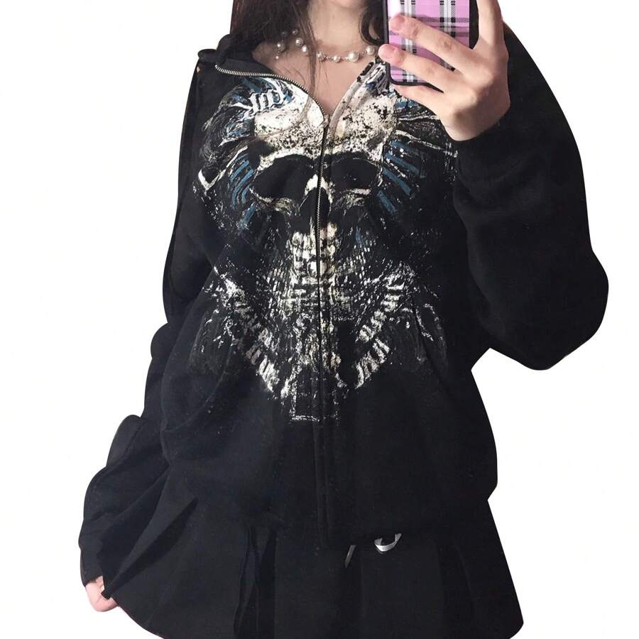 Women Hooded Sweatshirt Skull Print Long Sleeve Casual Jacket With Pockets - Blue - View 1