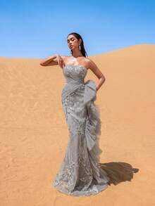 Faeriesty Vestidos de fiesta y vestidos de noche con estampado floral sin tirantes y elegante glamour - Gris - Ver 4