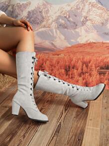 2025 Autumn/Winter Plus Size European & American Fashion Lace-Up Roman Knight Boots For Women, Black Waterproof Platform High Shaft Round Toe Thick High Heel Tall Boots