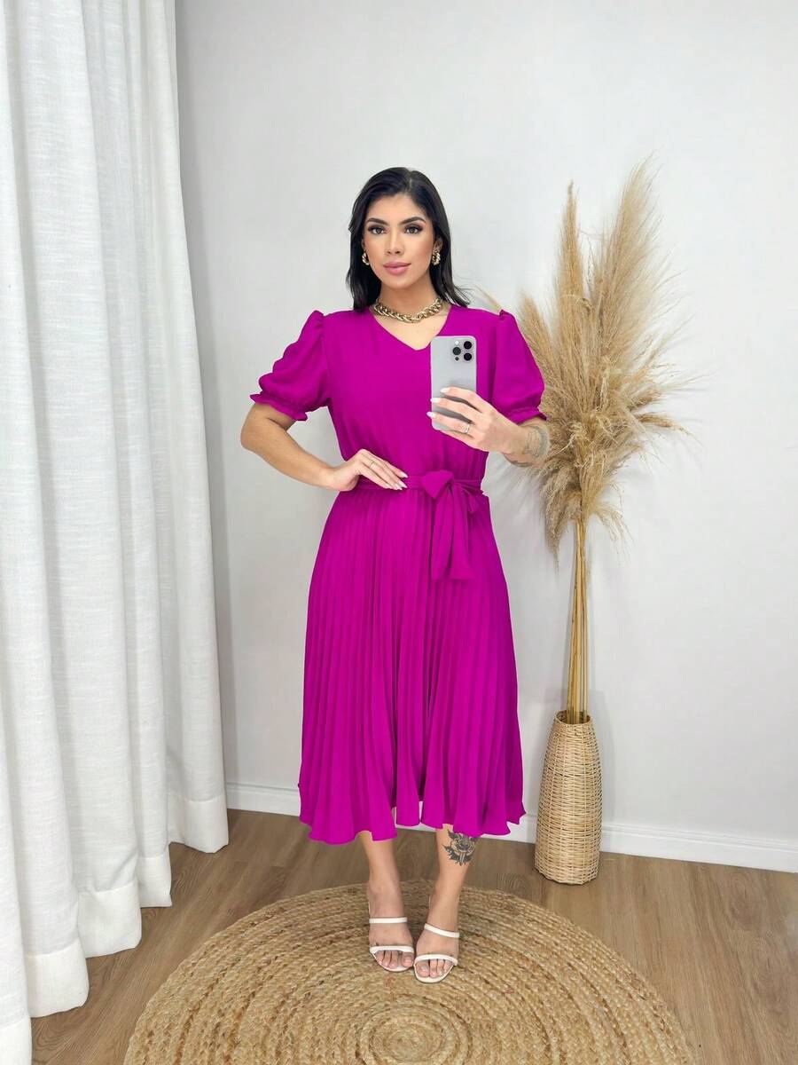 Women's Pleated Midi Dress / Puff Sleeves / Has Ties / V-Neck - 玫瑰紅 - 查看 1