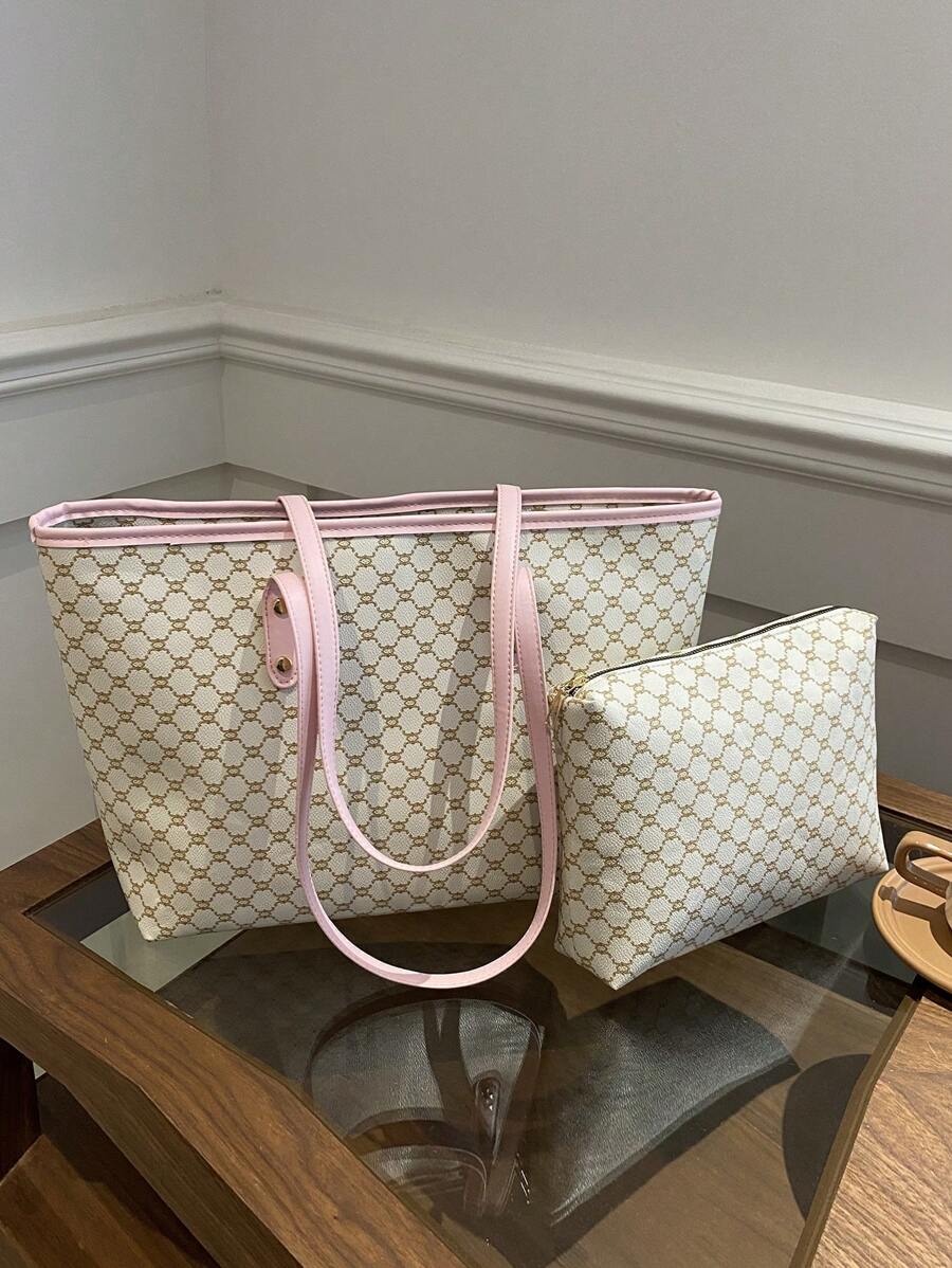 2 件套全印花斜挎包，复古字母印花大容量通勤斜挎包，母亲节礼物的完美腋下包，女士时尚手提包