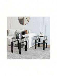 Set Of 2, Modern Tempered Glass Tea Table Coffee Table End Table, Square Table For Living Room, Transparent/Black - Đen + Kính Cường Lực-4 - Xem 2