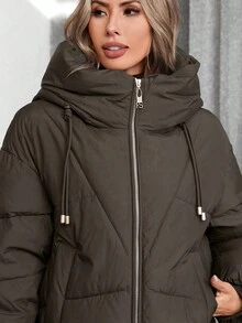 GASMAN Áo khoác đệm dáng Regular Fit có mũ trùm đầu rút dây màu trơn dành cho nữ - Cà phê nâu - Xem 7