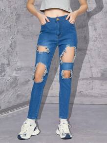 Vaqueros rotos de pierna recta para mujer, vaqueros cónicos casuales y versátiles - Azul - Ver 1